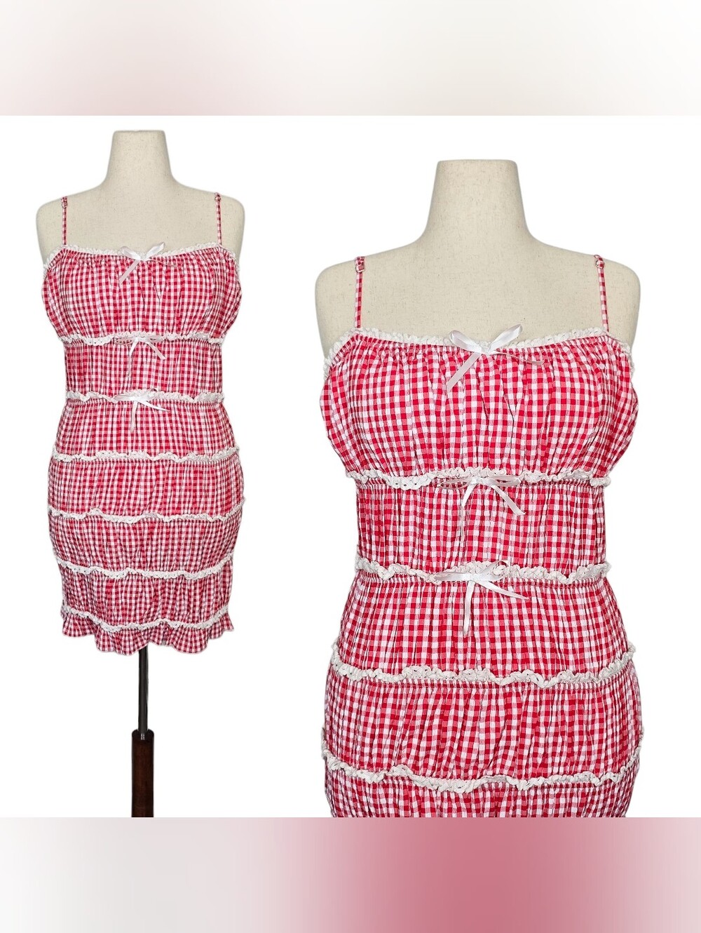 Gingham Mini Dress Red White Checkered Picnic Tiered Bows Summer Festival Retro